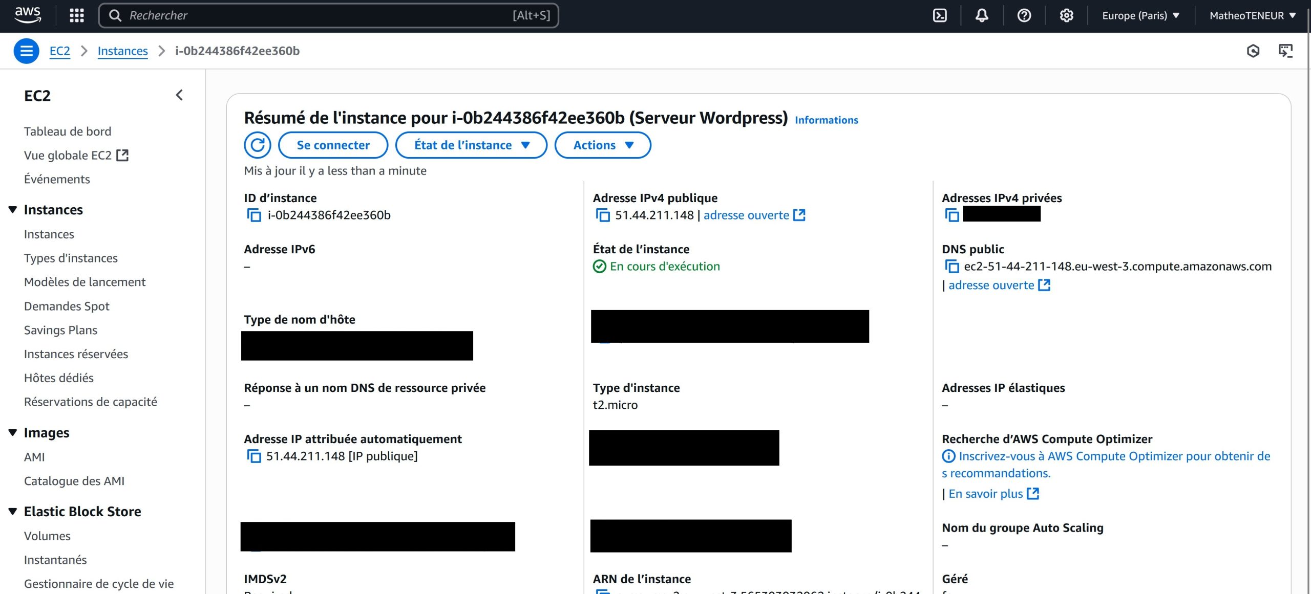 Dashboard de l’instance AWS