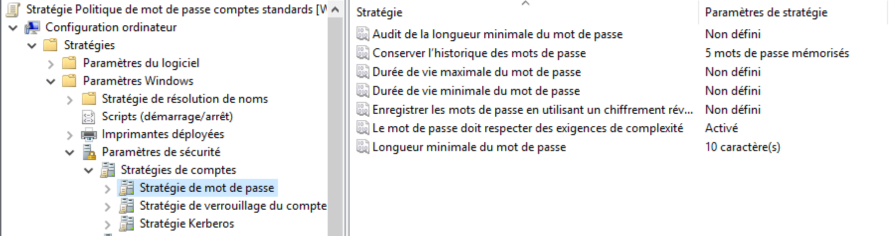 Stratégie mot de passe comptes standards
