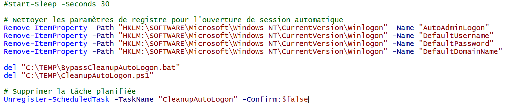 Script nettoyant les clés Winlogon puis supprime la tâche planifiée de nettoyage