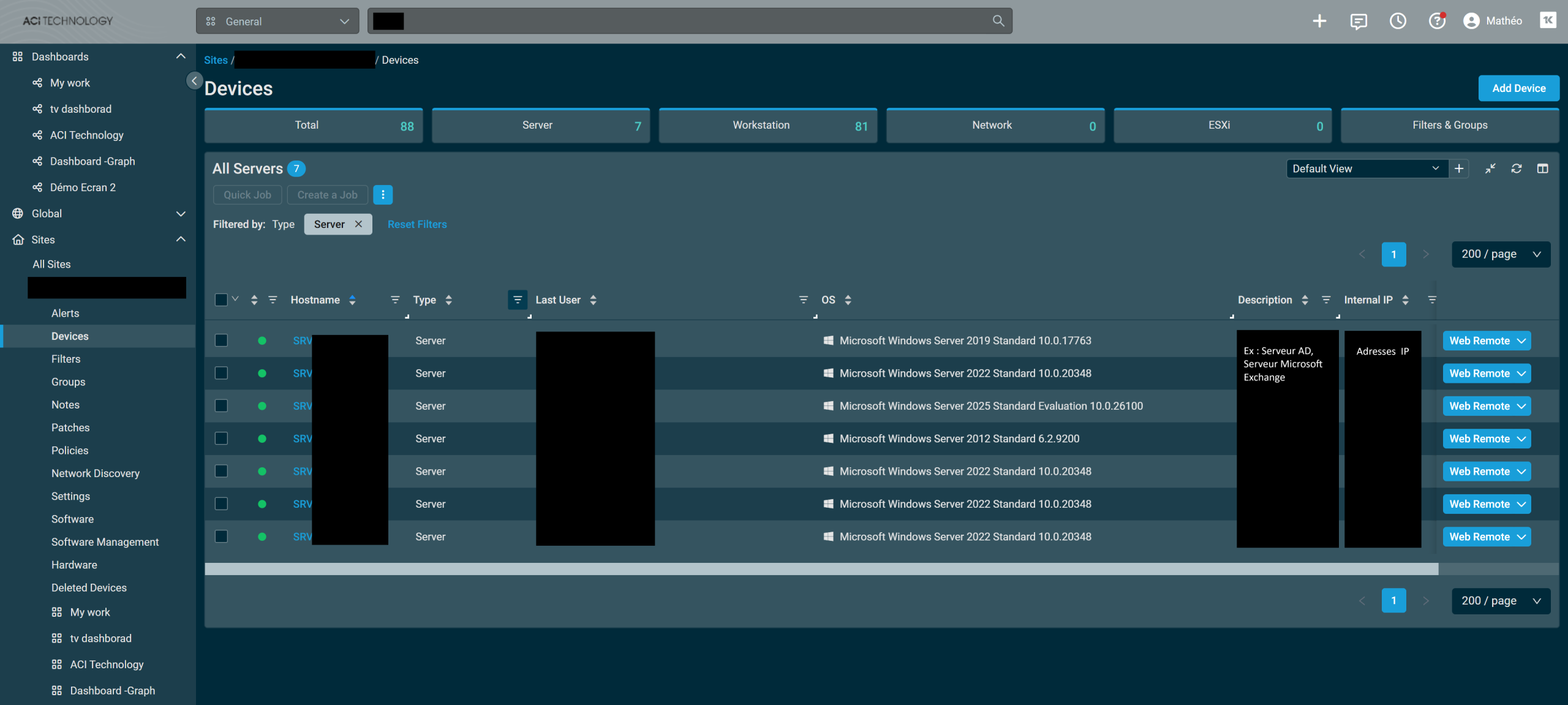 Onglet server : Tous les serveurs (Windows + Linux) ayant un contrat chez ACI Technology