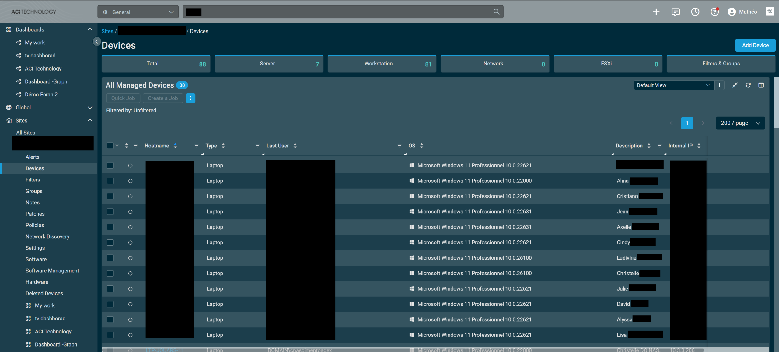 Onglet total  : Toutes les machines (Windows + Linux) ayant un contrat chez ACI Technology