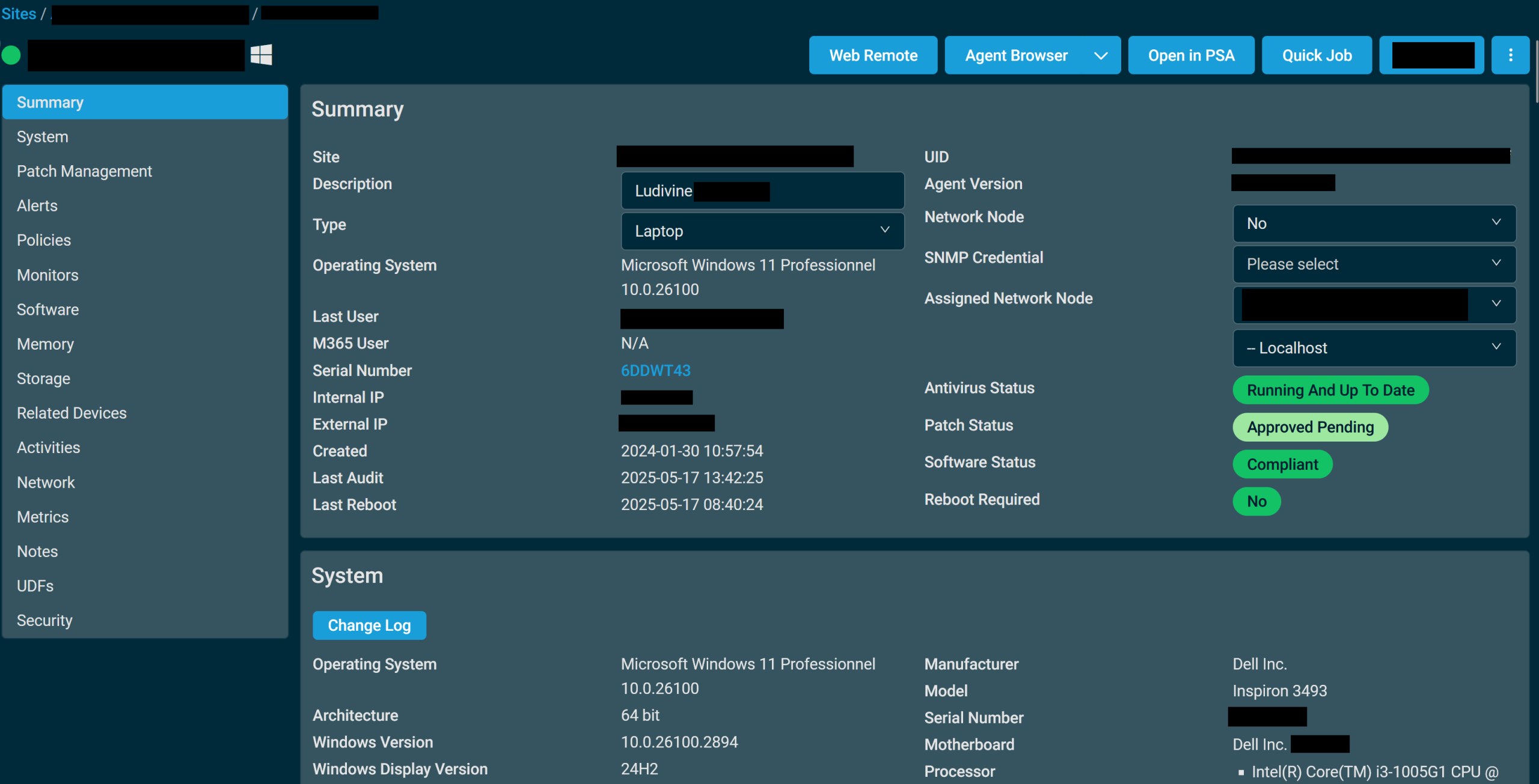 Vue de la machine et de ses informations (MàJ, patches appliqués, stratégies appliquées, version des logiciels, ect..)